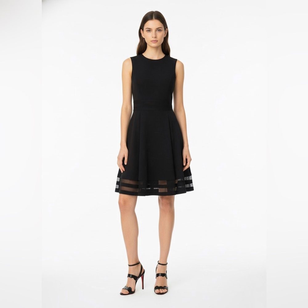 CALVIN KLEIN Black Fit & Flare Mesh Hem Midi Dress | Size 8